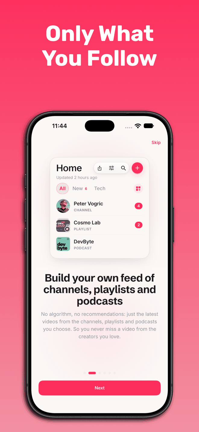 Streamscription on iPhone: a Home screen listing the channel Peter Vogric, the playlist Cosmo Lab and the podcast DevByte, the first two with a badge counting their unwatched videos, below tabs for All, New and Tech.