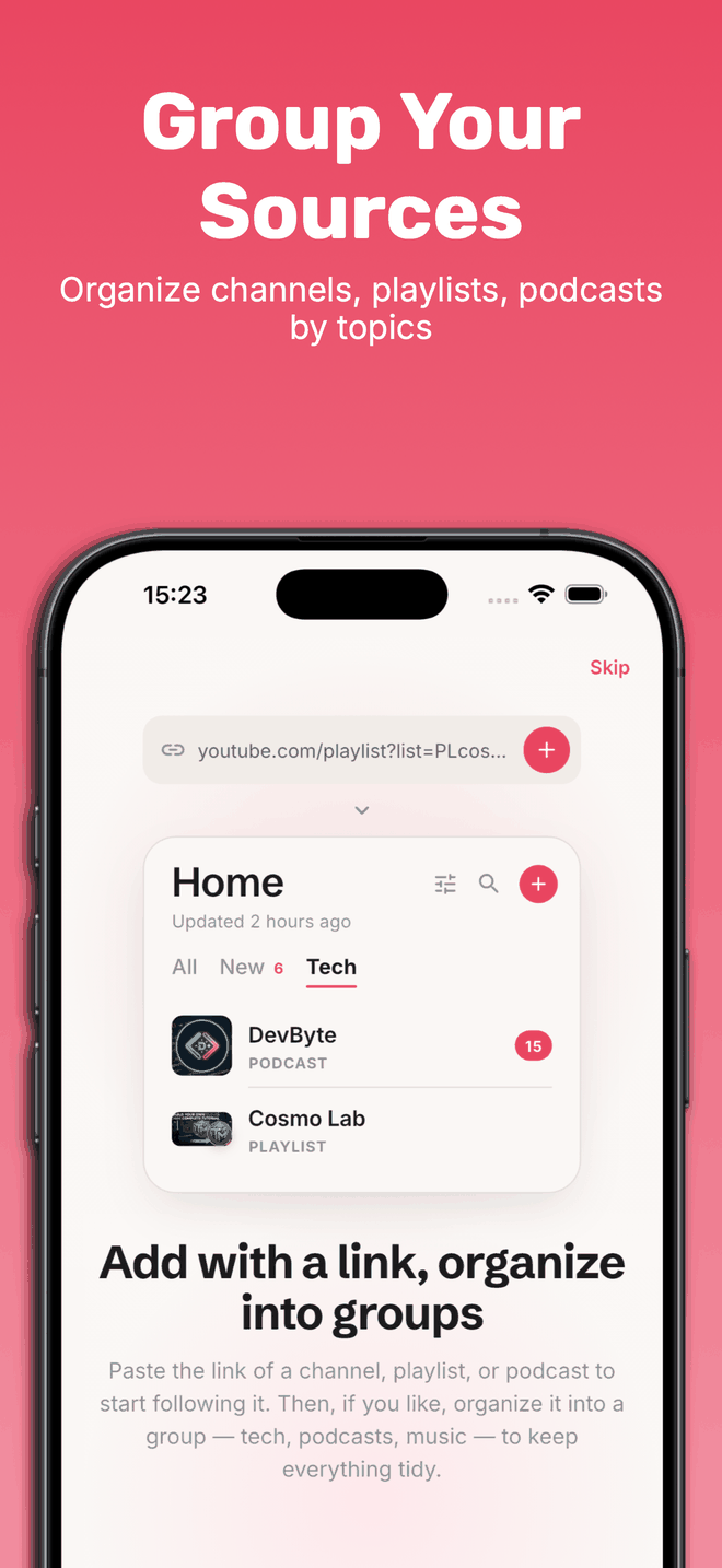 A YouTube playlist link being pasted into Streamscription, with the resulting source filed under the user's Tech group next to the DevByte podcast.