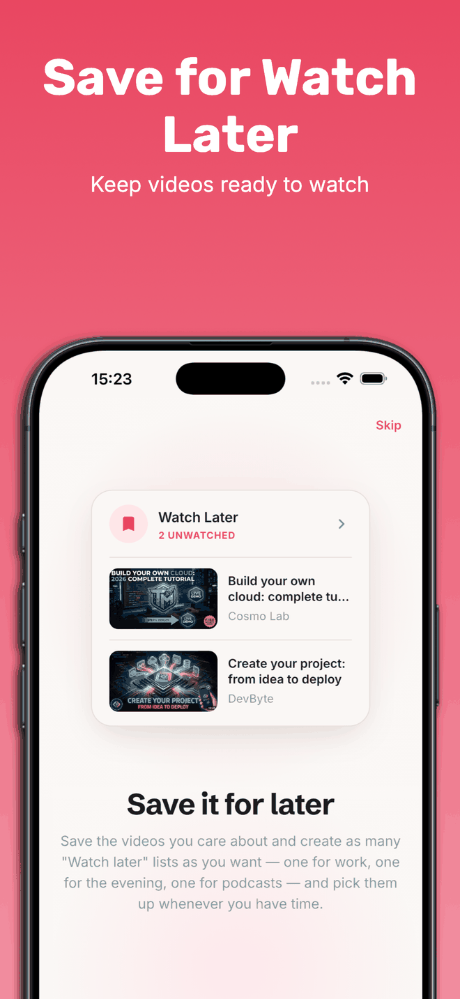 A saved list in Streamscription holding two unwatched videos, each shown with its thumbnail, title and channel name.