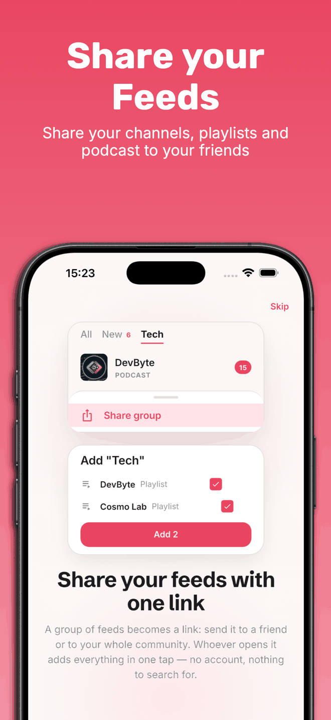 Streamscription turning a group into a link, and the sheet the recipient sees: a checklist of the two sources it contains with a single button to add them both.