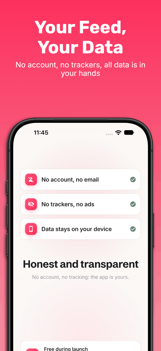 Streamscription's data screen confirming three things with green check marks: no account and no email, no trackers and no ads, and data kept on the device.