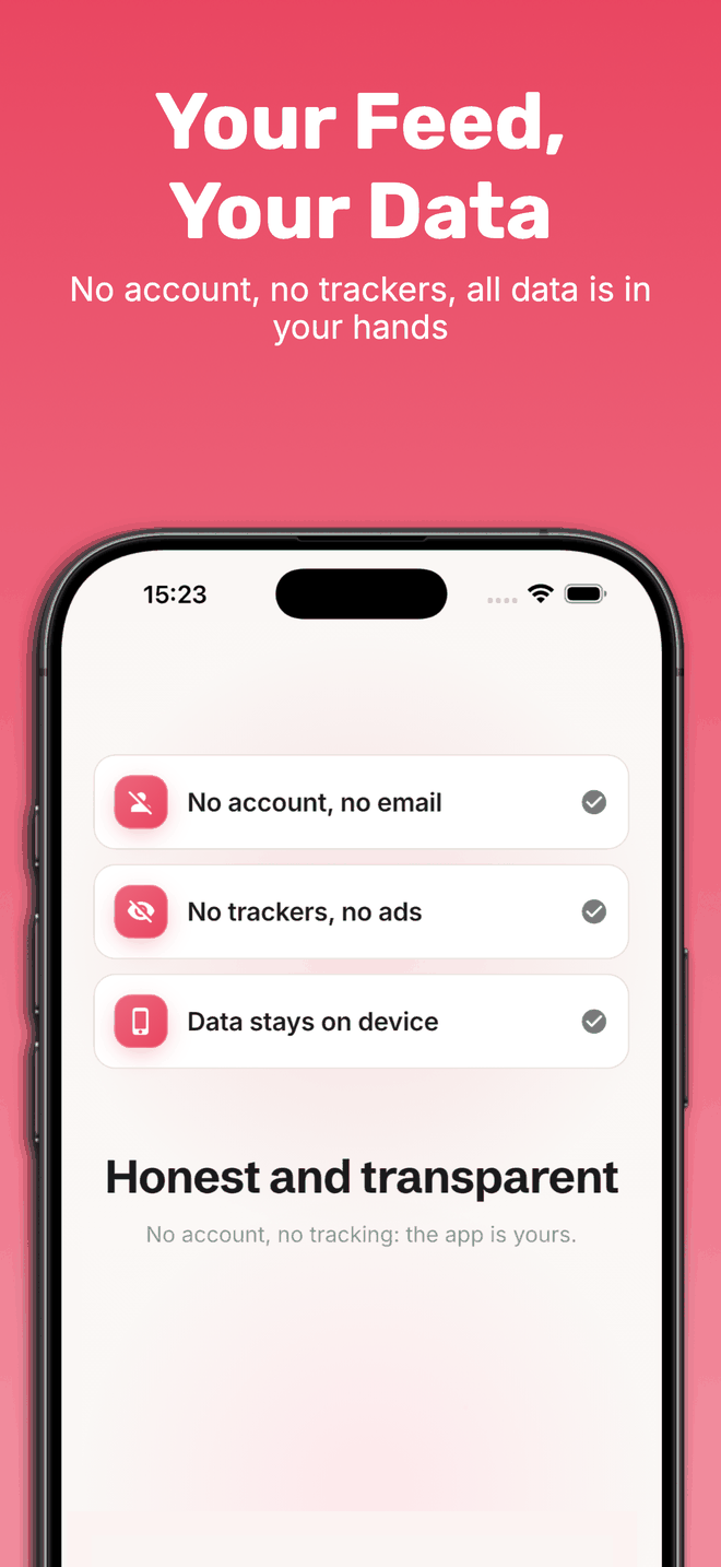 Streamscription's data screen confirming three things with green check marks: no account and no email, no trackers and no ads, and data kept on the device.